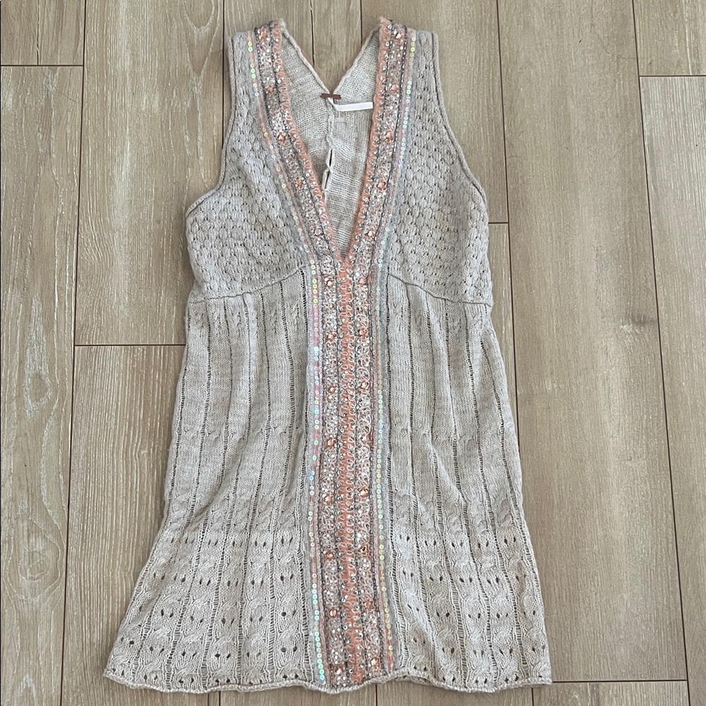 Free People Beige Sleeveless Knit Dress with Sequin Detail